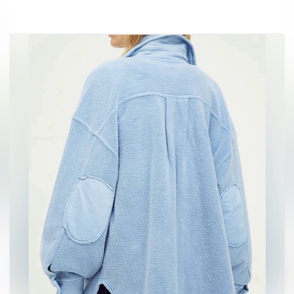 Free People Oversized Fleece Shacket in Light Blue with Green Layering Top - Picture 3 of 6